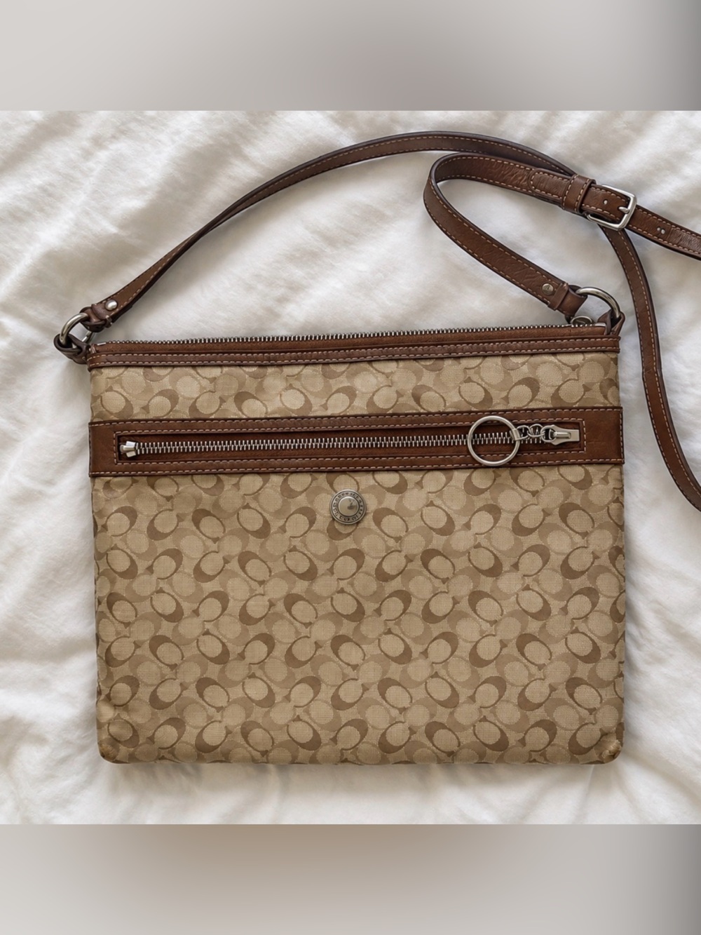 Coach Tan Signature Crossbody with Brown Leather Trim